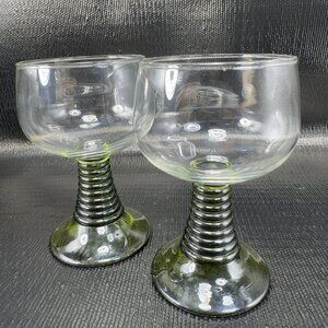 1960s Roemer Green Beehive Stem Glasses Cups Clear Top Barware Set 2 Vintage
